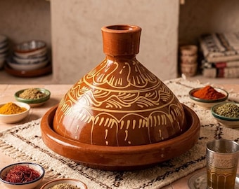 Tagine marroquí hecho a mano, olla de barro tradicional para cocinar y decoración.