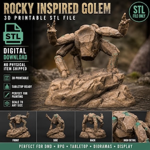 May include: A rocky-inspired golem figurine, a 3D printable STL file. The golem is brown and tan, posed on a rocky base. The image includes the text "DIGITAL DOWNLOAD" and "NO PHYSICAL ITEM SHIPPED". Additional views of the golem are shown below the main image.