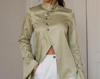 Blazer con volantes y botones laterales para mujer – Puños con volantes desmontables, cuello alto, chaqueta de oficina retro y moderna, blazer casual chic para primavera 2026