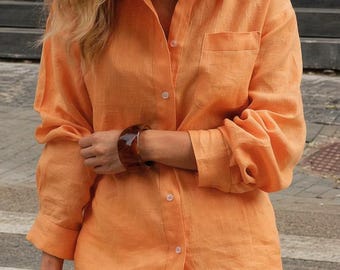 Camisa de lino y algodón para mujer, manga larga, con botones, blusa elegante, informal, holgada, color amarillo y azul, camisa ligera de verano 2026