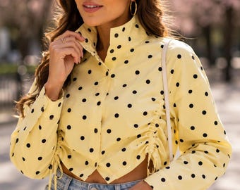 2026 Spring Women Polka Dot Jacket High Collar Long Sleeve Tie Detail Short Coat Chic Loose Fit Versatile Casual Elegant Female Outerwear