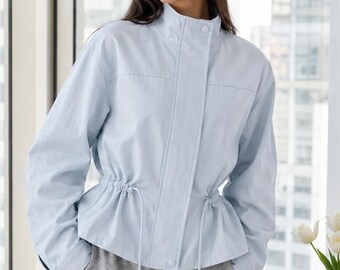 Plaid Stand Collar Drawstring Waist Jacket Women’s Casual Long Sleeve Spring Coat
