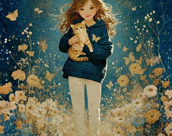 Golden Butterfly Girl with Kitten Printable Art, Fairytale Child Illustration, Wall Decor, Digital Download