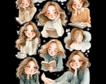 Dreamy Girl Book Sticker Set | Printable Journal Stickers PDF | Cozy Planner Stickers | | Instant Download
