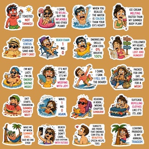 Pode incluir: Uma coleção de autocolantes de desenhos animados coloridos com frases e ilustrações humorísticas com tema de verão. Os autocolantes retratam várias cenas de praia e férias, incluindo queimaduras solares e gelados a derreter.