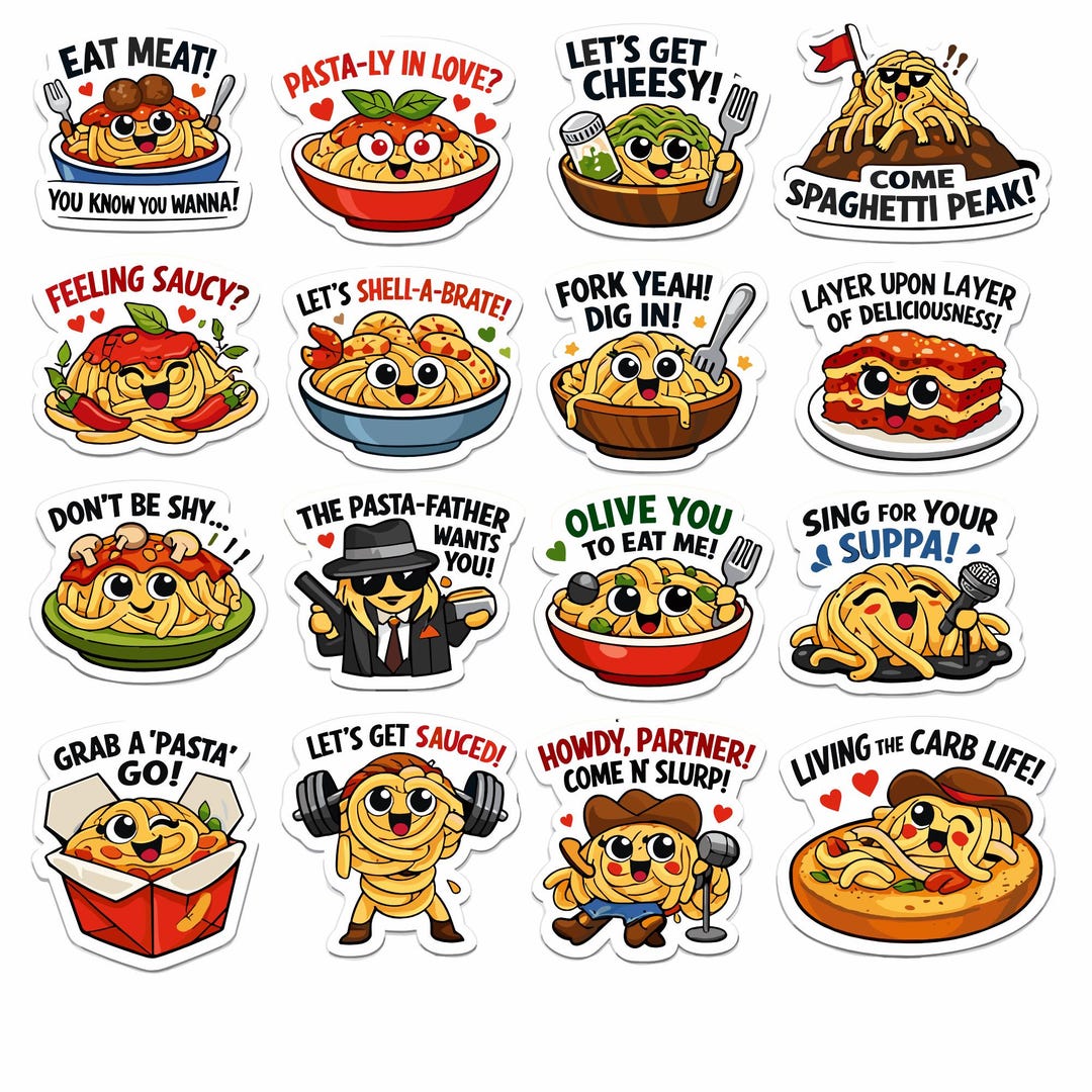 Spaghetti Stickers Bundle PNG | Cartoon Food Humor Clipart | Printable ...