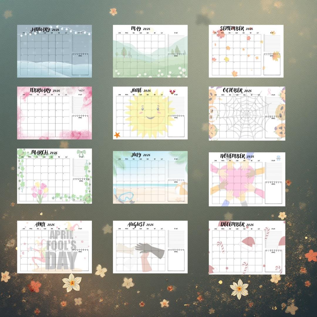Minimalist 2026 Monthly Planner Calendar | A4 Landscape Printable ...