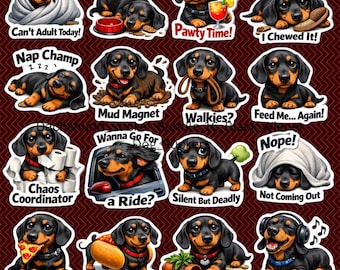 Dachshund Stickers Bundle | Black Wiener Dog Humor | Sausage Dog Meme Pack | Printable Digital Download