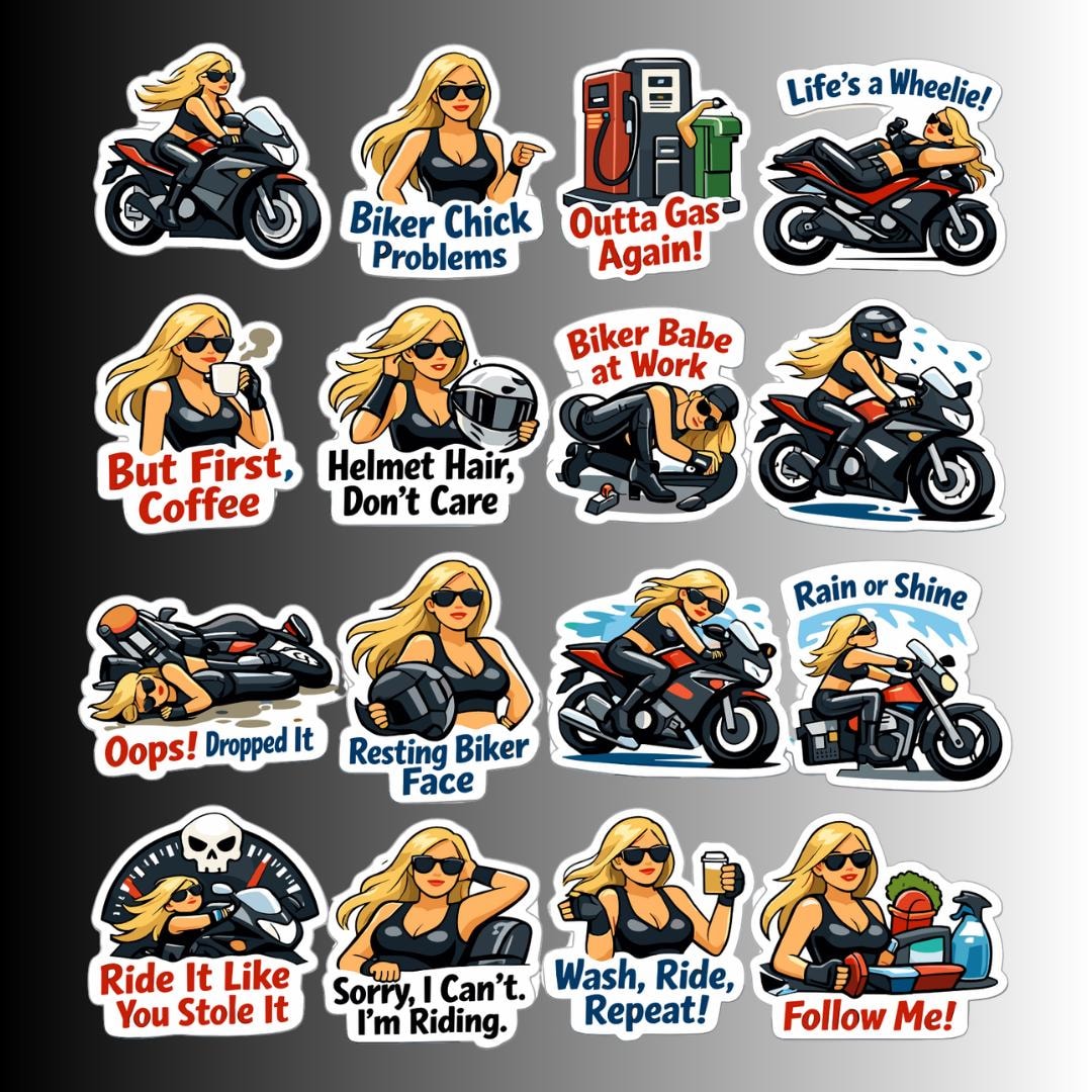 Female Motorcycle Sticker Biker Girl Sticker Bundle | Motorcycle Woman 16 Stickers Printable ...