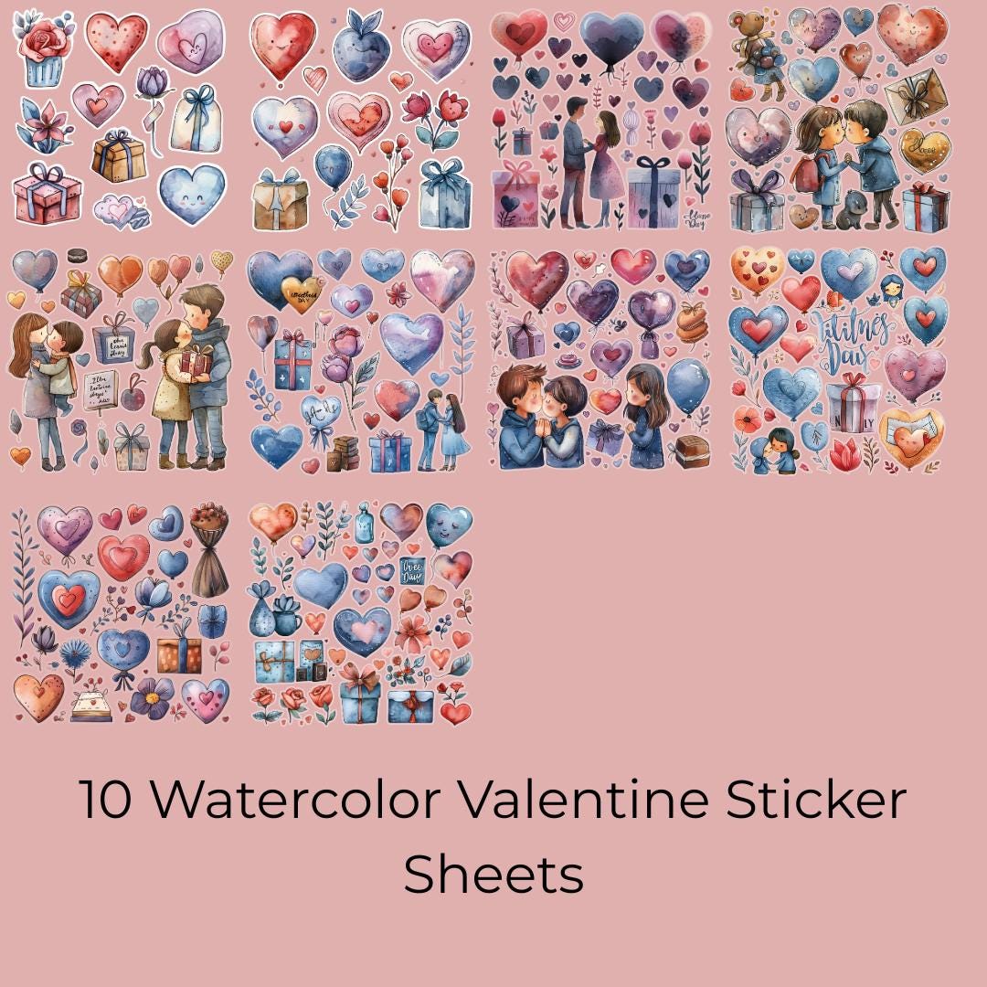Watercolor Valentine Stickers | Romantic Hearts & Couples | Digital ...