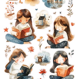 Puede incluir: Pegatinas de acuarela con ilustraciones de niñas leyendo libros, rodeadas de elementos decorativos como casas, flores y corazones. Las niñas tienen pelo largo, visten suéteres blancos y pantalones estampados.