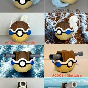 May include: A collection of spherical figures resembling Poké Balls, themed after Squirtle, Wartortle, Blastoise, and Mega Blastoise. Each figure features brown, tan, white, and blue components, with specific attachments like cannons, ears, and tails.