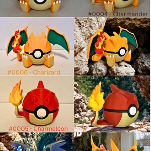 May include: A collection of spherical figures inspired by creatures, featuring #0004 Charmander, #0006 Charizard, #0005 Charmeleon, #0008 Mega Charizard X, and #0006 Mega Charizard Y. Each figure incorporates a ball-like design with a central button.
