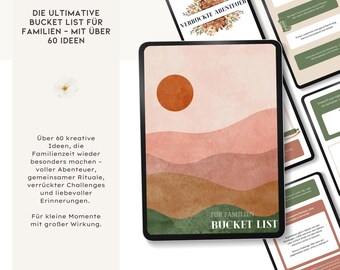 May include: A digital bucket list for families. The design features a minimalist landscape with a sun and layered hills in peach, brown, and green. The text reads "Bucket List For Families" and "Over 60 Ideas".