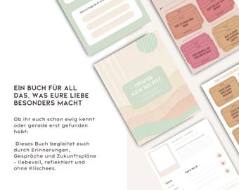 May include: A selection of stationery items, including a journal and cards, in a soft, pastel colour palette. The journal cover features the text "UNSERE GESCHICHTE" and the phrase "EIN BUCH FÜR ALL DAS, WAS EURE LIEBE BESONDERS MACHT".