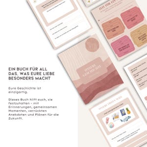 May include: A selection of light pink and beige journals and cards. The main journal cover reads "UNSERE GESCHICHTE" and "FOR PLANS". Other cards have text like "ZEIT FÜR EIN" and "UNSERE ERSTEN MALE".