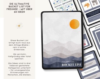 Può includere: Una lista dei desideri digitale per amici, con un design minimalista. Presenta una grafica solare e forme simili a montagne in tonalità di grigio e blu. Il testo recita "Bucket List per amici" e "Oltre 60 idee."