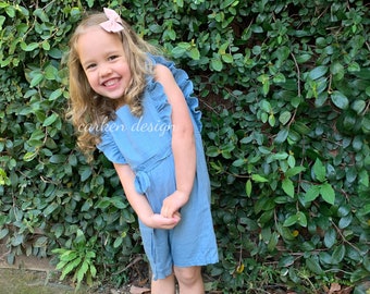 Linen Romper, Toddler linen romper, Girls Linen romper, girls romper, romper with shorts, MEDIUM BLUE