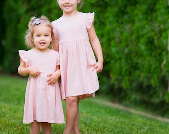 pink linen dress, flower girl dress, flutter sleeve dress, girls linen dress, pink toddler dress,