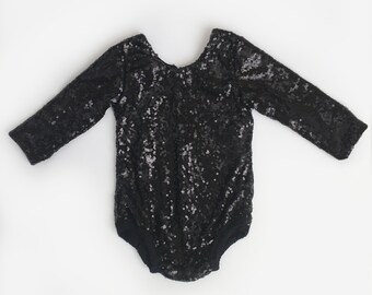 BLACK long sleeve sequin leotard, bodysuit, sequin romper, dance leotard, formal top