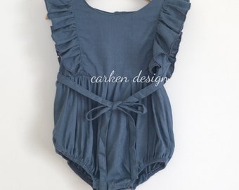 baby meisje romper, baby romper, peuter meisje romper, romper, linnen baby romper, meisjes romper, linnen romper - NAVY