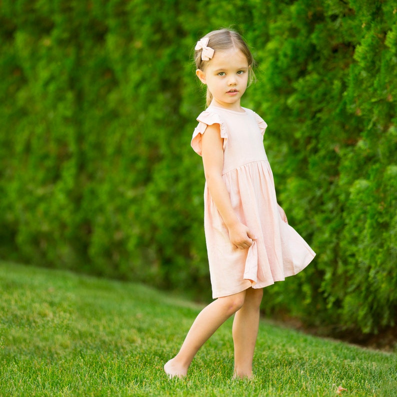 pink linen dress, flower girl dress, flutter sleeve dress, girls linen dress, pink toddler dress, image 3