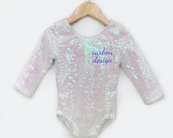 Iridescent sequin leotard, long sleeve leotard, sequin romper, unicorn costume, dance leotard, flower girl top, READY TO SHIP, baby leotard