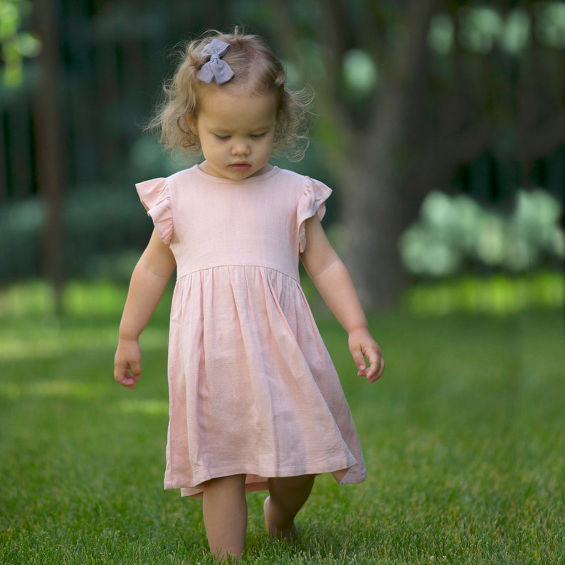 pink linen dress, flower girl dress, flutter sleeve dress, girls linen dress, pink toddler dress, image 5