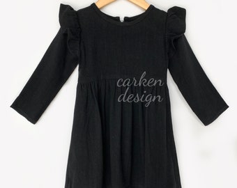 black linen dress, girls linen dress, long sleeve dress, flower girl dress, family photo outfits, black toddler dress, girls formal dress