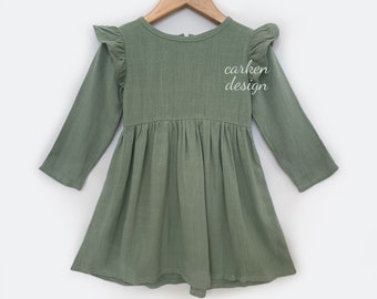 groene linnen jurk, linnen jurk voor meisjes, jurk met lange mouwen, bloemenmeisje jurk, bloemenmeisje jurk, groene peuter jurk, formele meisjeskleding