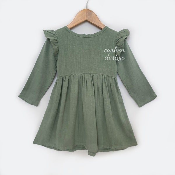 green linen dress, linen dress for girls, long sleeve dress, flower girl dress, flowergirl dress, green  toddler dress, girls formal dress