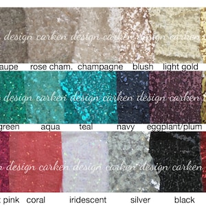 Op de afbeelding: Een kleurstaalkaart met 16 verschillende kleuren van paillettenstof. De kleuren zijn: brons, taupe, rosé champagne, champagne, blush, licht goud, goud, wit, groen, aqua, teal, marineblauw, aubergine/pruim, groot goud, lavendel, roze, koraal, iriserend, zilver, zwart en rood.