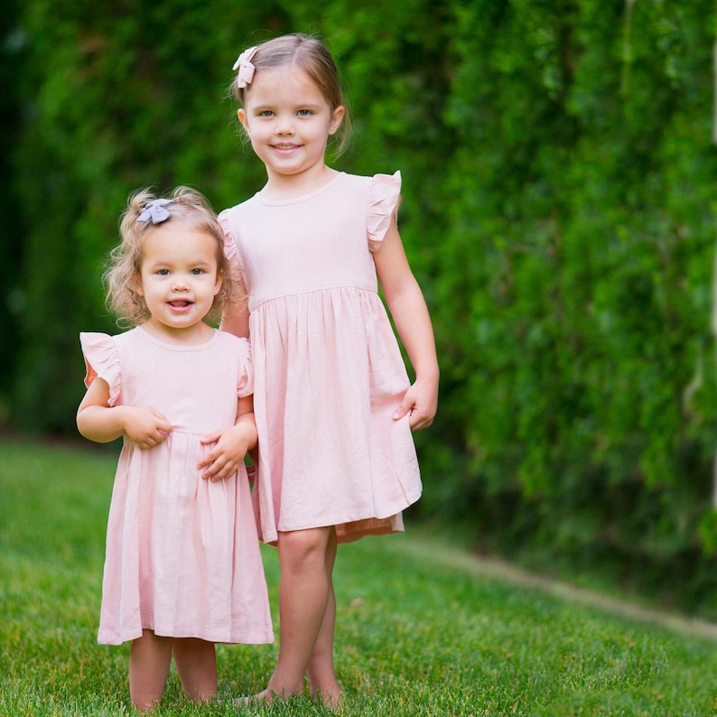 pink linen dress, flower girl dress, flutter sleeve dress, girls linen dress, pink toddler dress, image 1