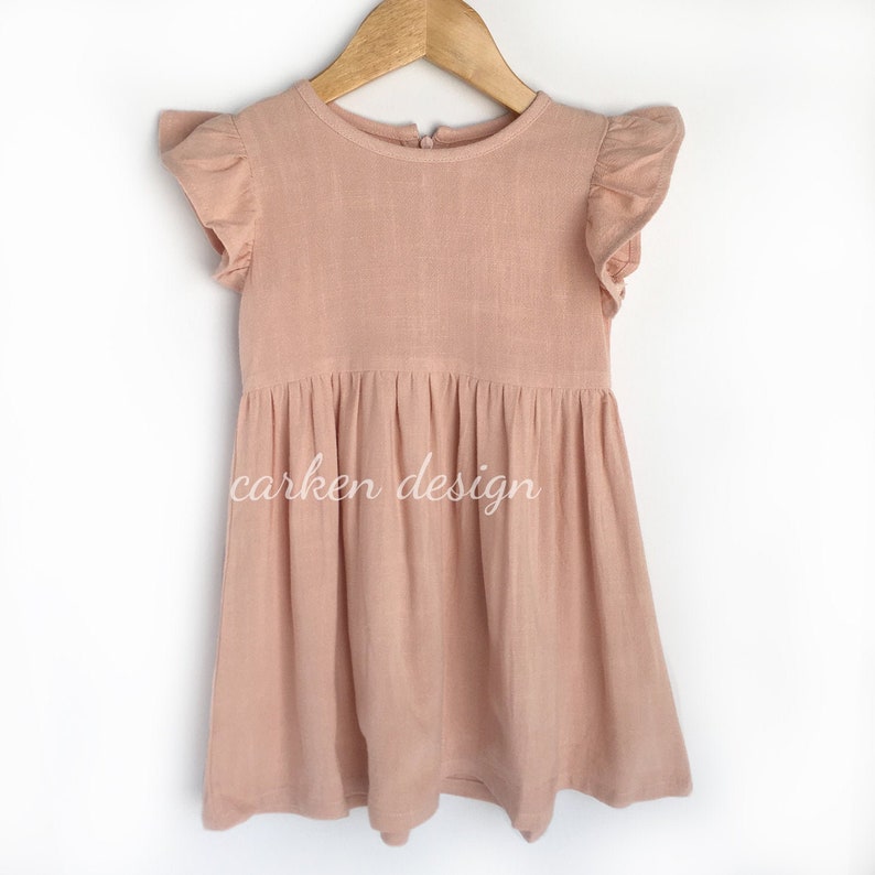 pink linen dress, flower girl dress, flutter sleeve dress, girls linen dress, pink toddler dress, image 2