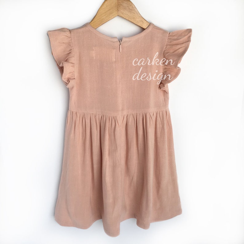 pink linen dress, flower girl dress, flutter sleeve dress, girls linen dress, pink toddler dress, image 6