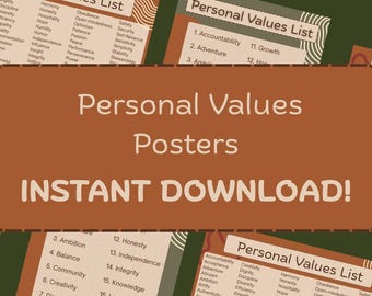 Personal Values Printable Posters- Core Values Printable Core Beliefs Self-Discovery Tool Personal Growth Guide Reflection Therapy Rooms