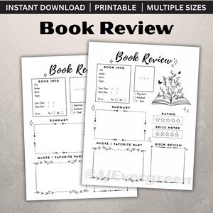 Könnte beinhalten: Zwei druckbare Buchbesprechungsvorlagen mit dem Titel "Book Review" in Handschrift. Die Vorlagen enthalten Abschnitte für Buchinformationen, Zusammenfassung, Bewertung und ein Zitat. Das Design zeigt florale und sternförmige Akzente.