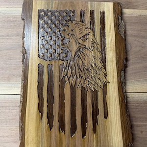 Engraved XL Walnut Live Edge Sign, Eagle - American Flag, (16 X 12) Wall Decor