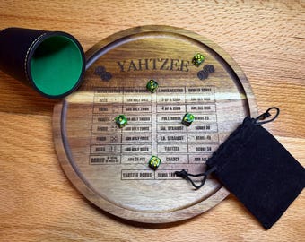 Wood Engraved Yahtzee Dice Game Board, Acacia Wood Tray