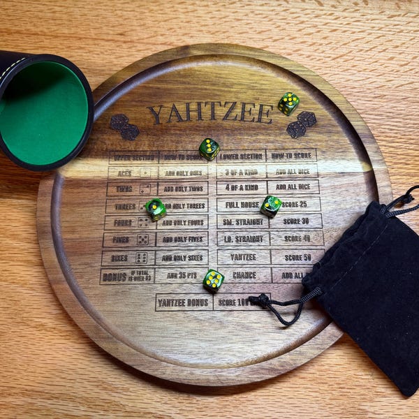 Wood Engraved Yahtzee Dice Game Board, Acacia Wood Tray