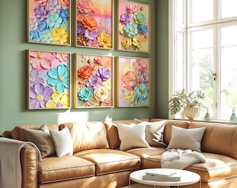 Pastel Floral Gallery Wall Art Six Set, 3D Textured Flower Prints, Feminine Home Decor