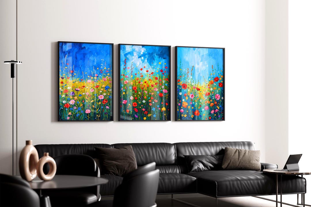 Colorful Wildflower Meadow Wall Art Set of 3, Contemporary Floral ...