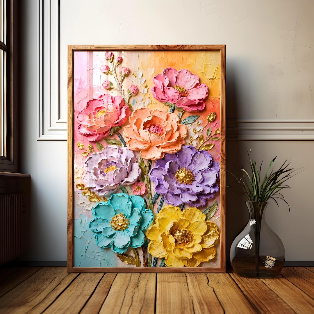 Colorful Textured Floral Wall Art Print, Pastel Impasto Flower Painting ...