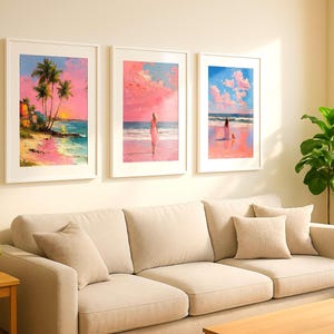 Blush Ocean Dreams Triptych Wall Art – Pink Beach Sunset Canvas Set of 3