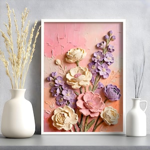 Textured 3D Floral Wall Art Impasto Flower Painting Pastel Botanical Canvas Romantic Home Decor