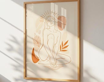 Impresión artística de línea femenina sagrada, arte corporal de mujer emocional, decoración de pared minimalista bohemia neutra