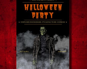 May include: A Halloween party invitation with a black background and orange text that reads "Halloween Party." The image features a green-skinned monster illustration. The text also says "Costumes encouraged. It's going to be a scream."