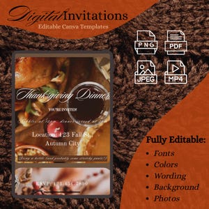 Può includere: Modello di invito digitale per la cena del Ringraziamento con funzionalità Canva modificabili. L'invito include il testo "Thanksgiving Dinner", i dettagli dell'evento e le informazioni RSVP. Il design è su sfondo marrone con icone di tipo di file.