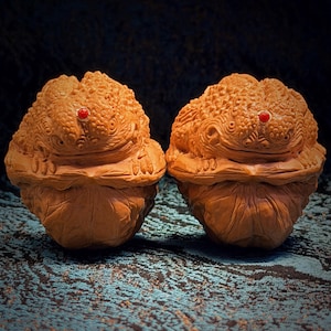 Puede incluir: Dos esculturas de ranas de madera tallada con texturas detalladas y ojos de gemas rojas. Las ranas son de color marrón cálido y están una al lado de la otra, mostrando la artesanía de la talla de madera.