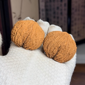 Puede incluir: Dos nueces enteras con cáscaras de color marrón claro profundamente texturizadas. Las cáscaras presentan un patrón de superficie complejo y arrugado característico de las nueces naturales, con una forma redondeada y una costura central.